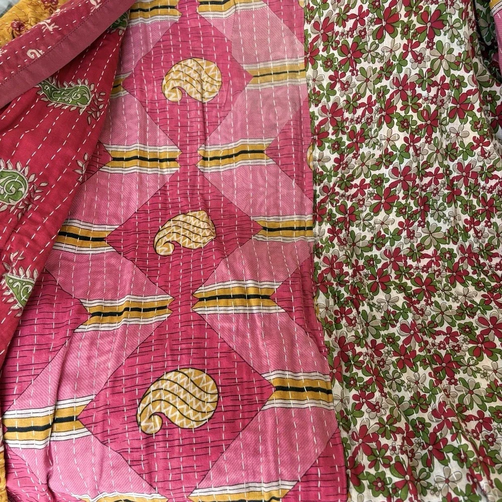 Womens Indian Mid Length Kantha Jacket OS Coloful‎ Floral Mixed Print Pockets